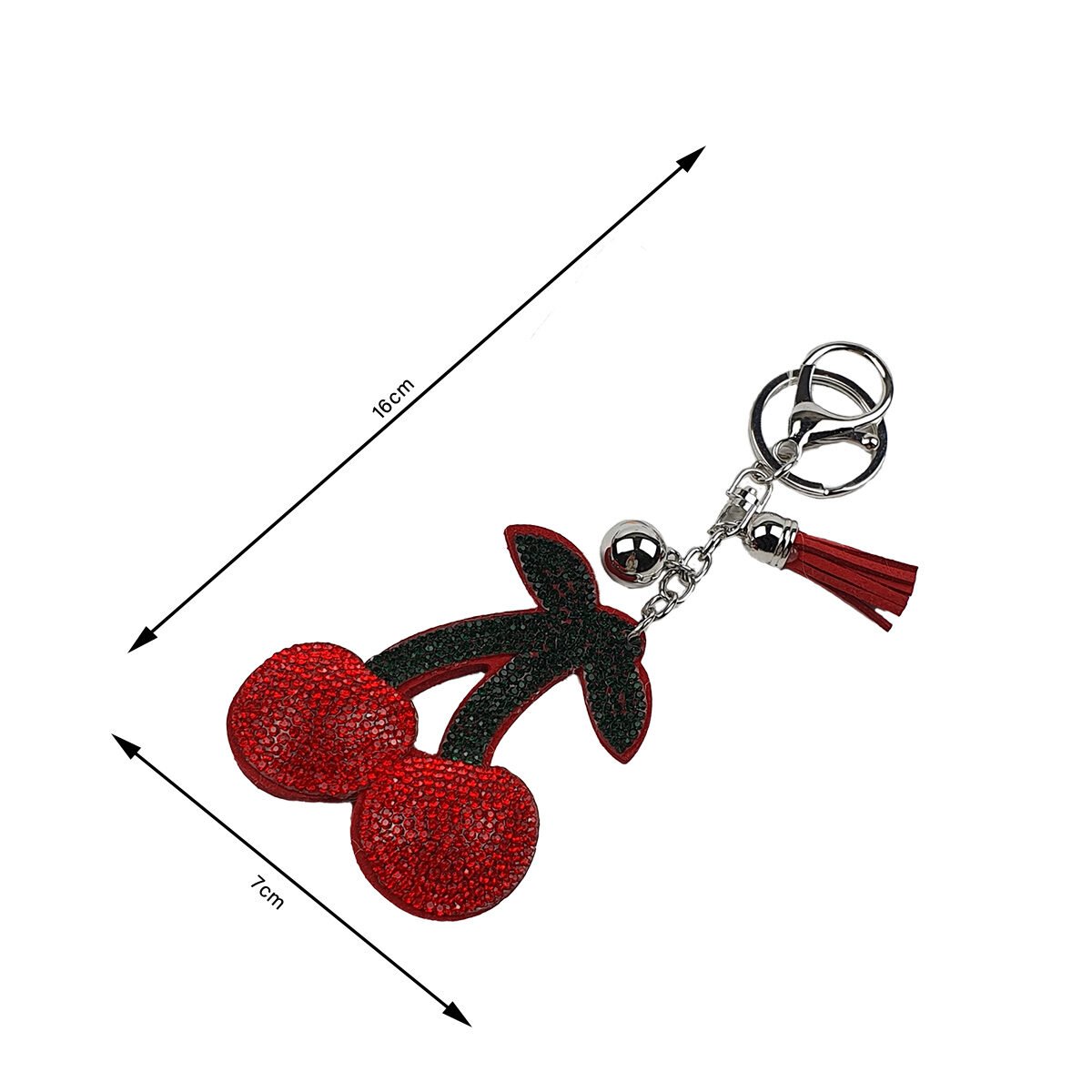 Porte-clé ou bijou de sac cerises en strass rouges et verts L 16.0 x l 7.0 cm avec 1 crochet et 2 breloques