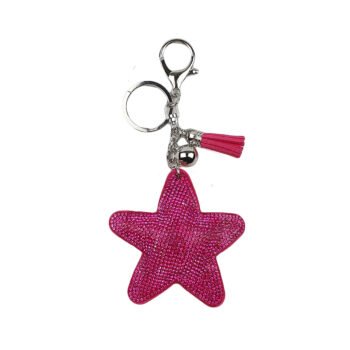 Fuchsia rhinestone star keychain or bag charm L 14.0 cm with 1 hook and 2 charms