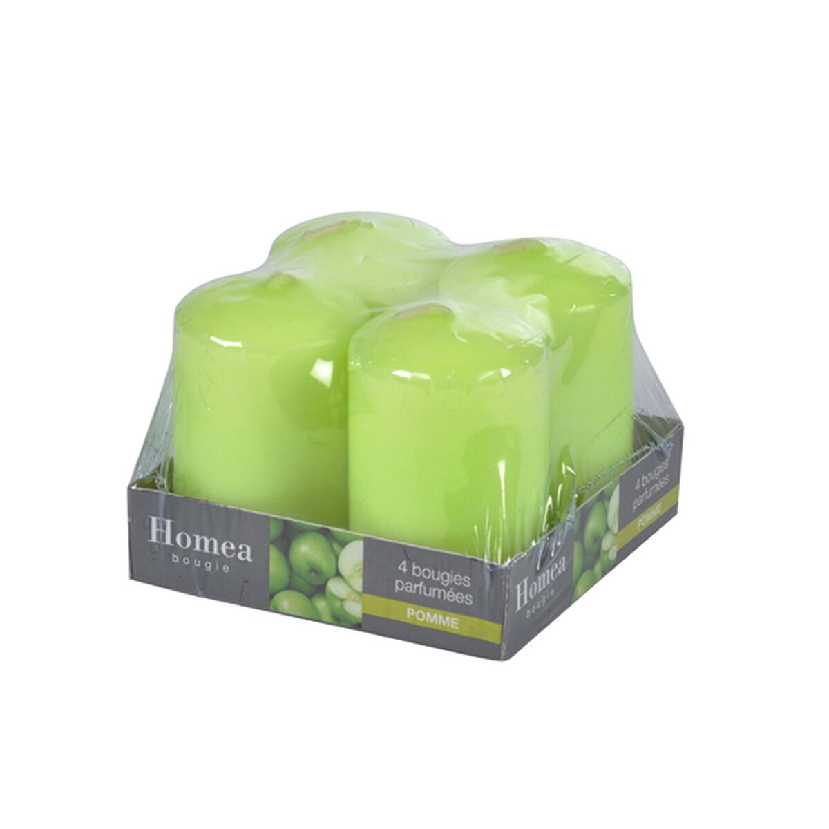 Lot de 4 bougies pilier vertes claires parfumées pomme D 4 x H 6 cm durée 6 h Homea
