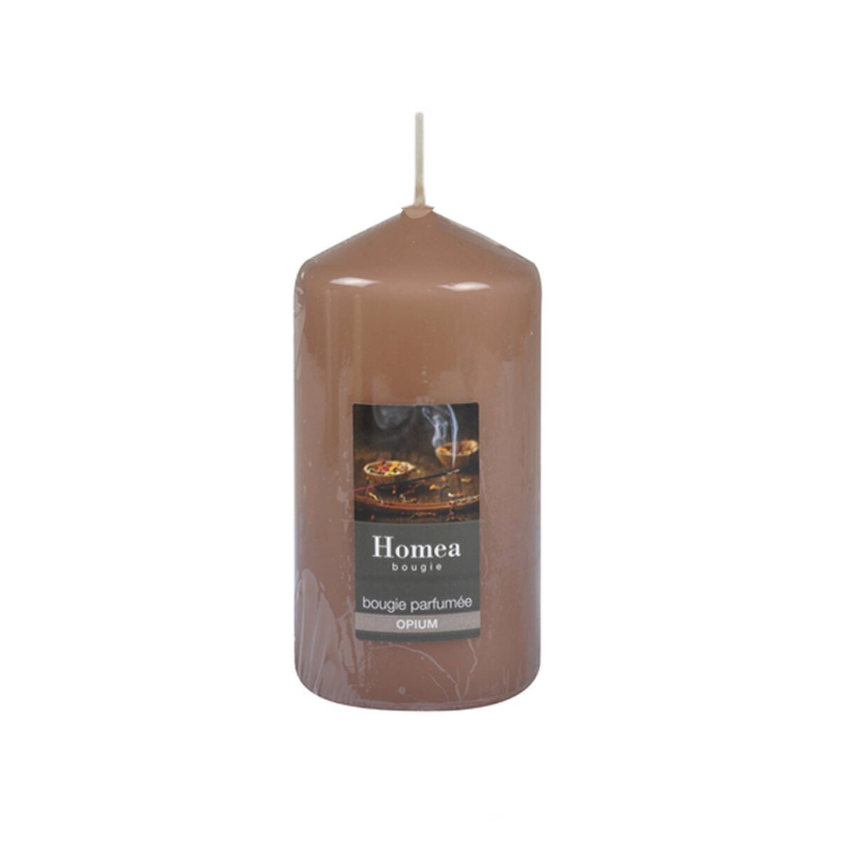Taupe pillar candle scented opium D 6 x H 11 cm duration 18 h Homea
