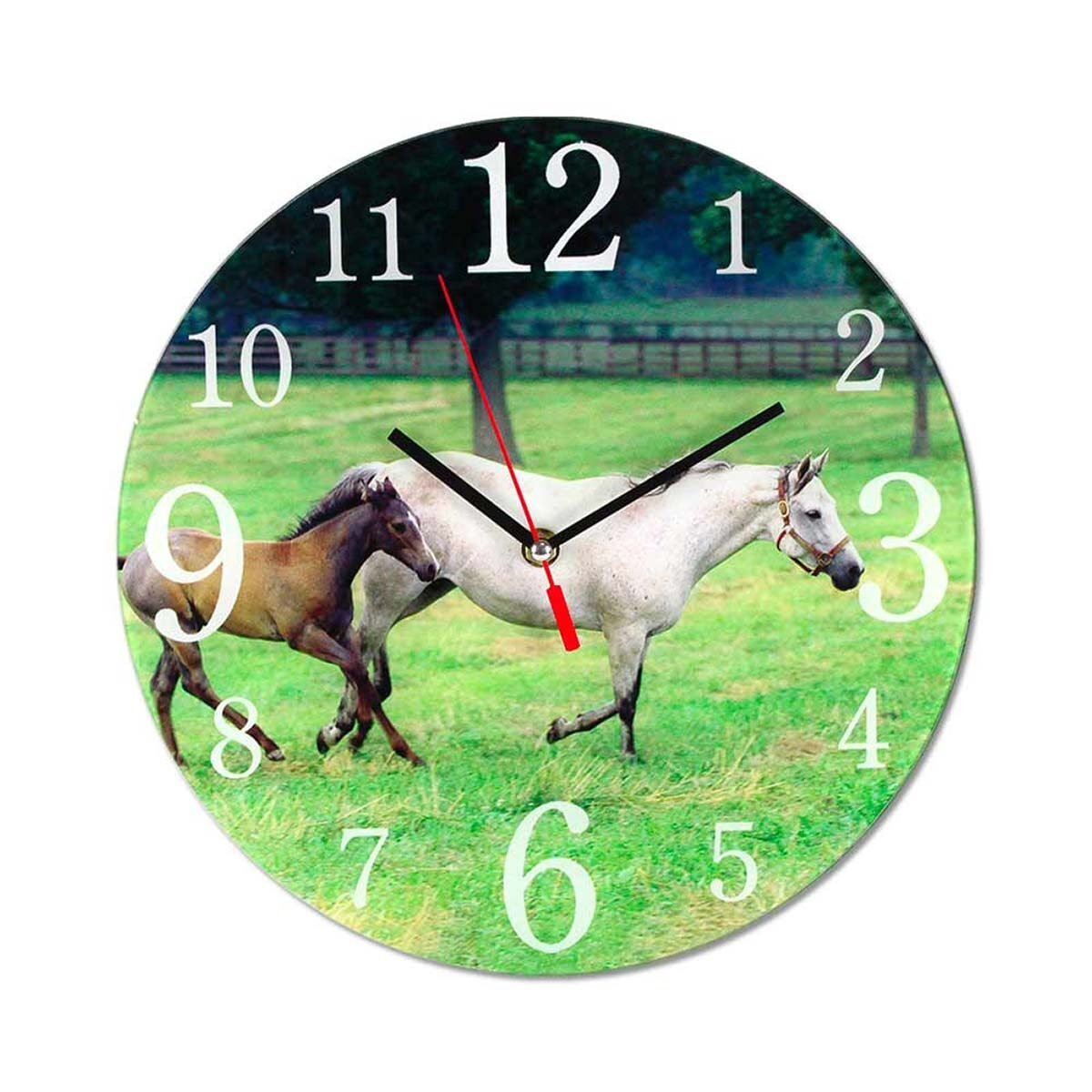 Round meadow horse clock D 30 cm in glass working with 1 AA battery not included