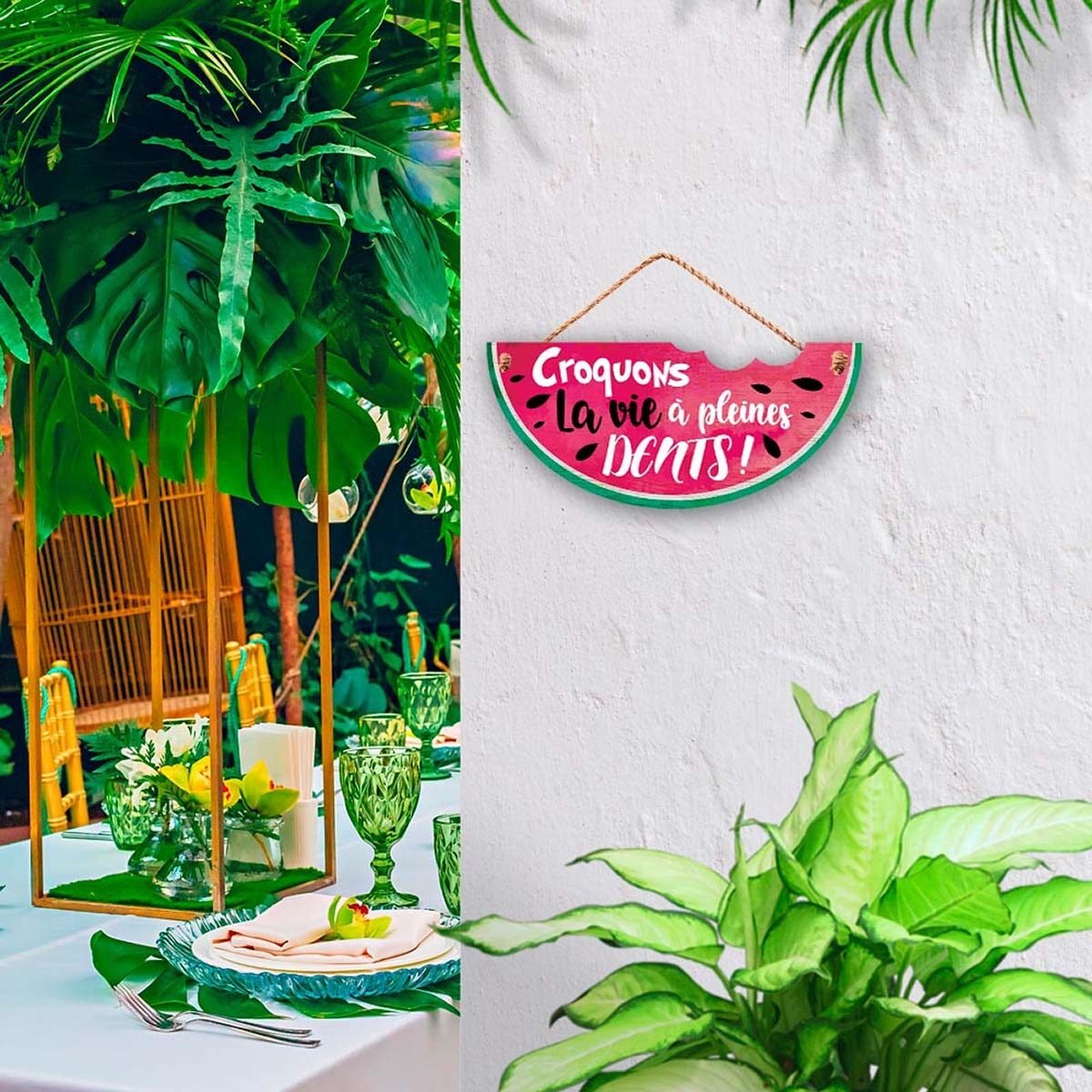 Plaque en bois pastèque "croquons la..." H 12.5 x l 26.5 cm à suspendre