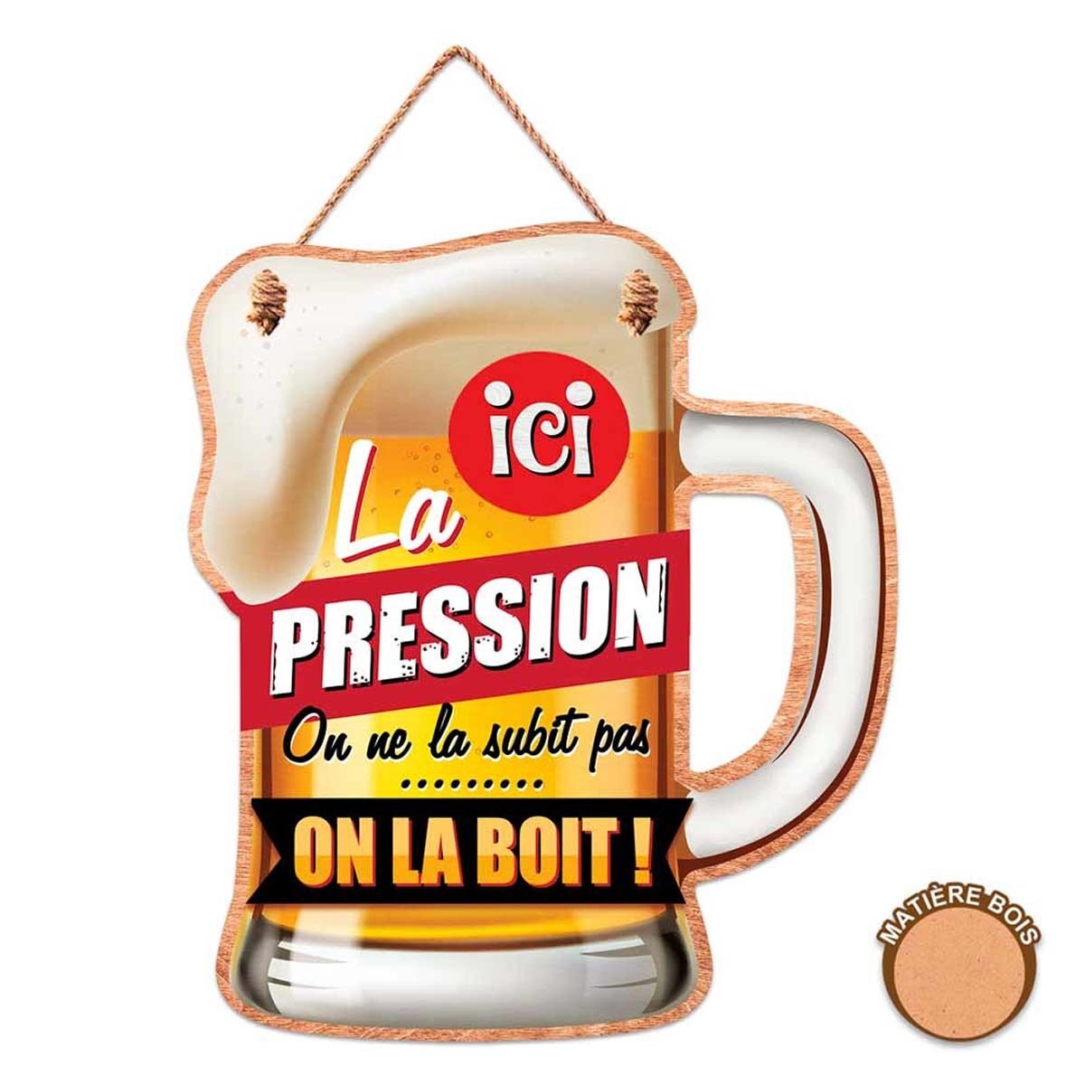 Plaque en bois chope de bière "pression..." H 21.5 x l 18.5 cm à suspendre