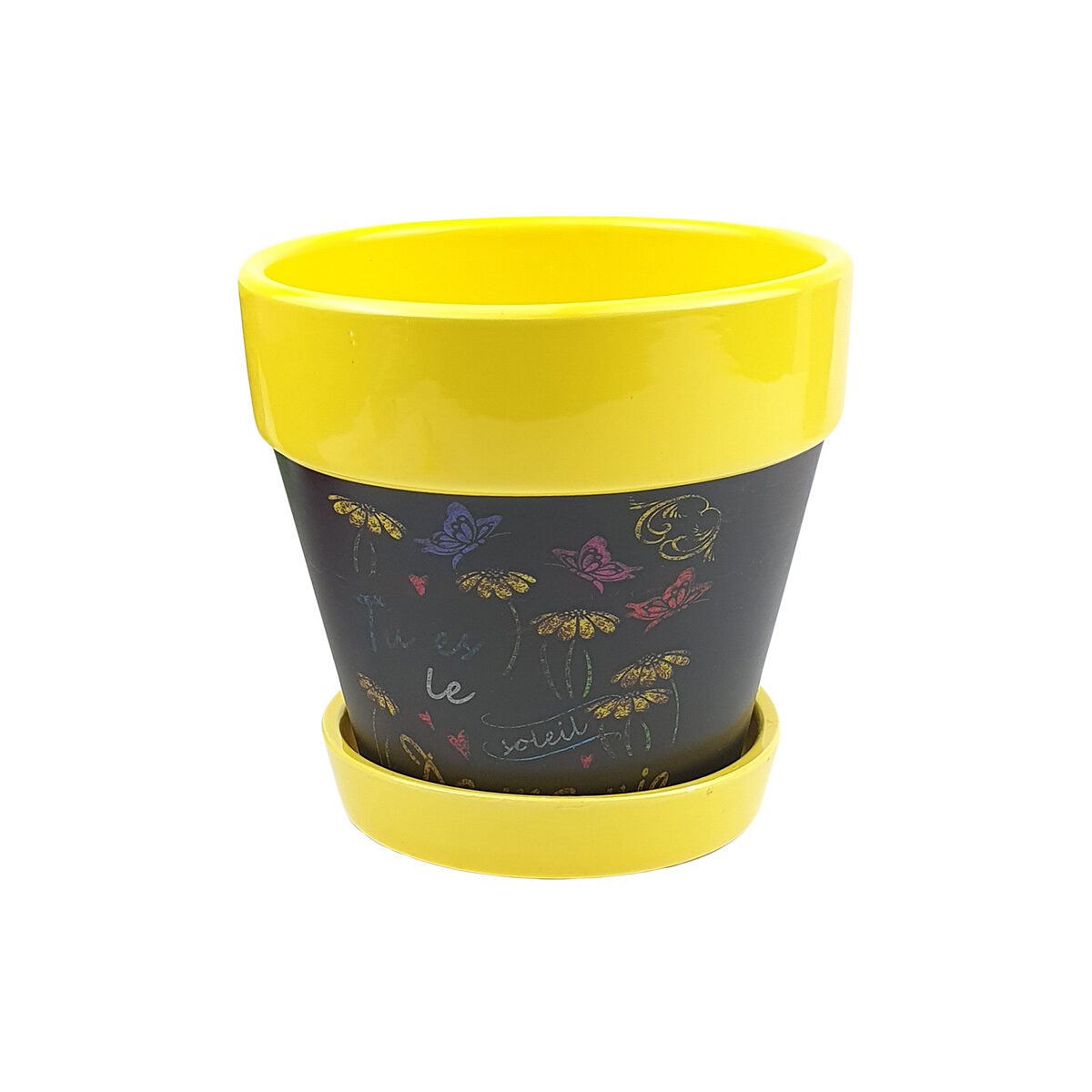Glossy yellow ceramic flower pot D 14 x H 13 cm with central part in patterned matt black and cup glued underneath