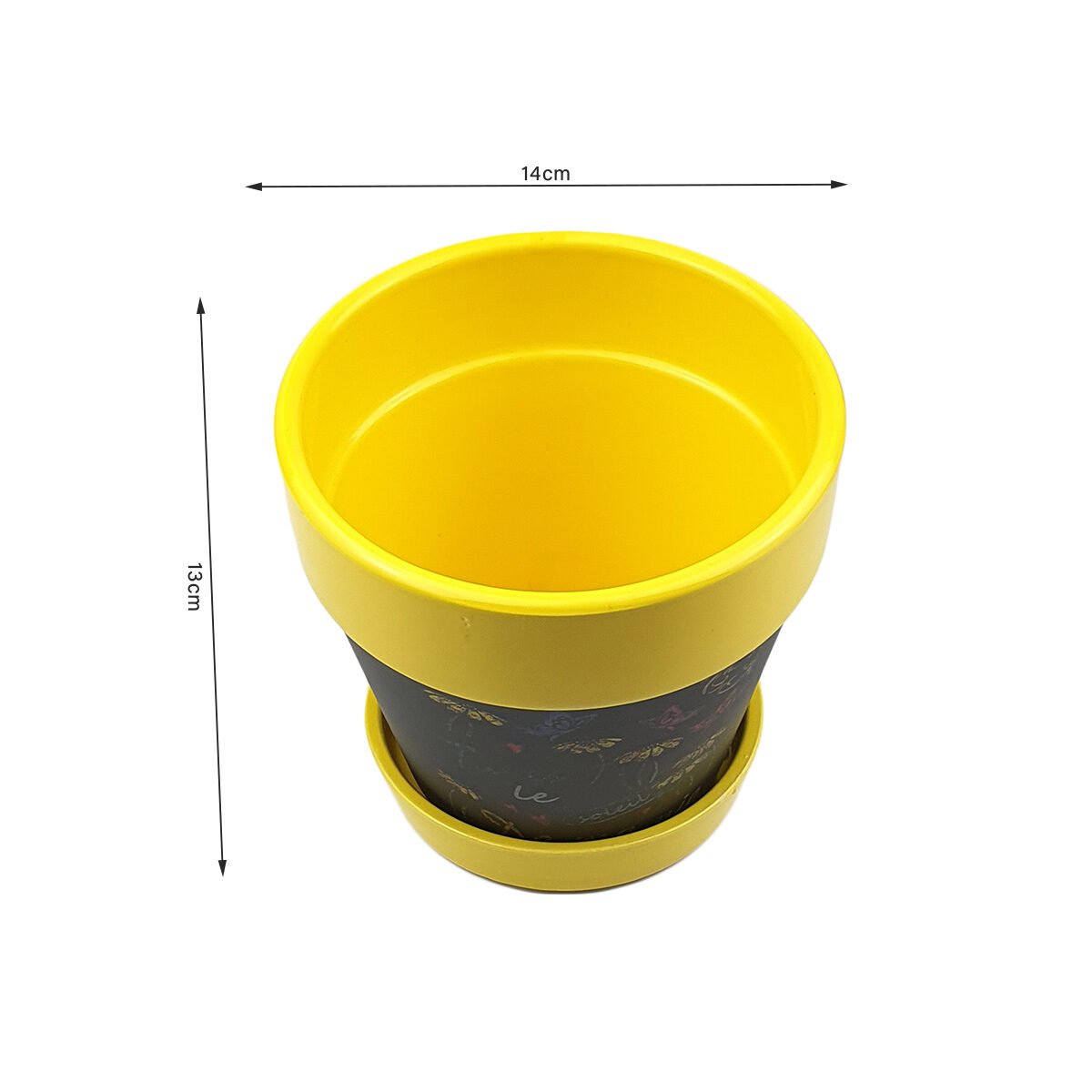 Glossy yellow ceramic flower pot D 14 x H 13 cm with central part in patterned matt black and cup glued underneath