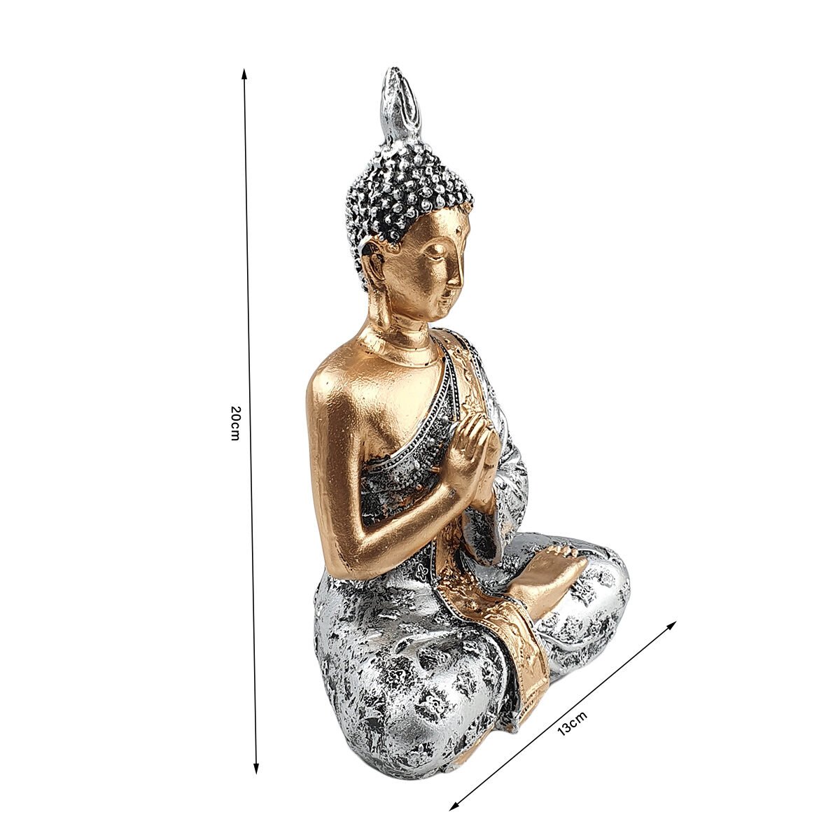 Statuette Bouddha assis en méditation en polyrésine dorée et argentée l 13 x H 20 cm