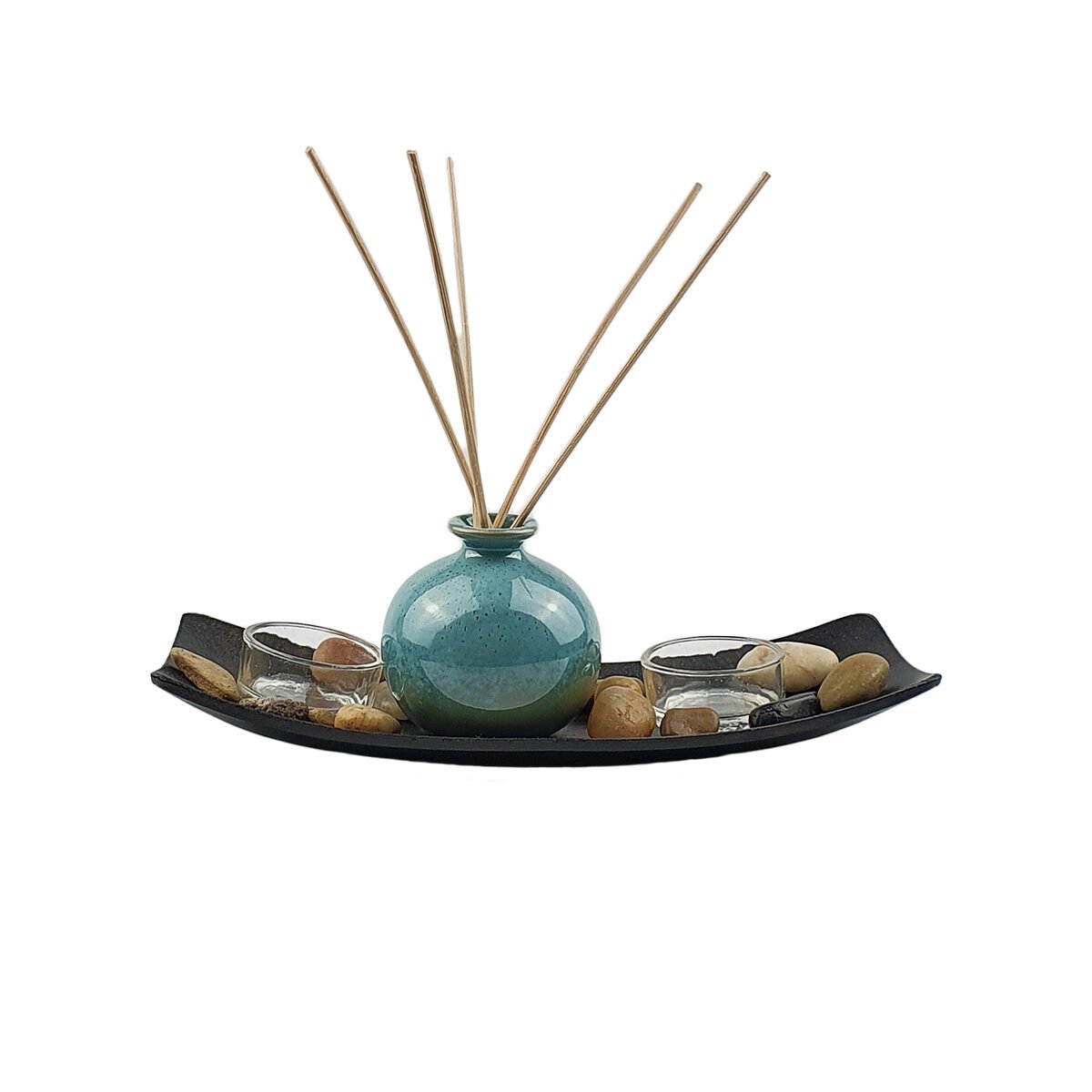 2 Photophores et 1 diffuseur de parfum bleu sur plateau rectangulaire en plastique noir L 25 x l 10 cm