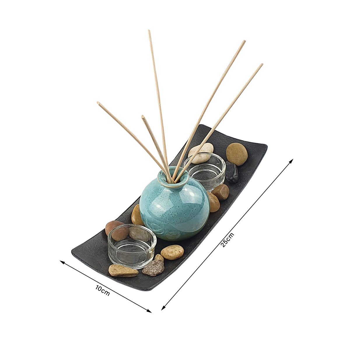 2 Photophores et 1 diffuseur de parfum bleu sur plateau rectangulaire en plastique noir L 25 x l 10 cm