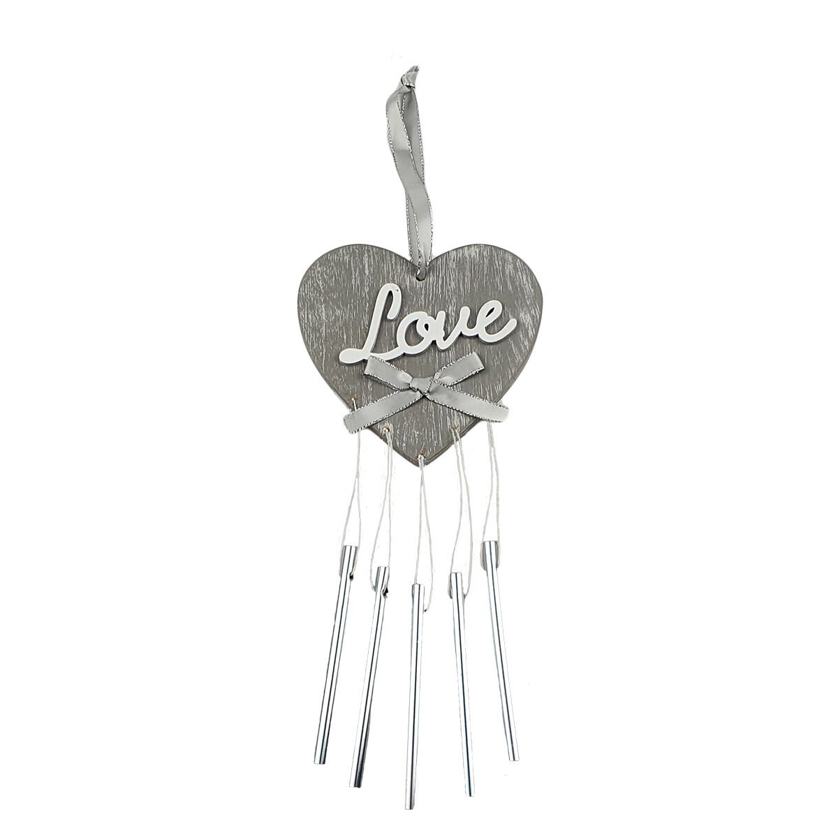 "Love" heart chime in gray and white wood and aluminum W 12 x H 38 cm