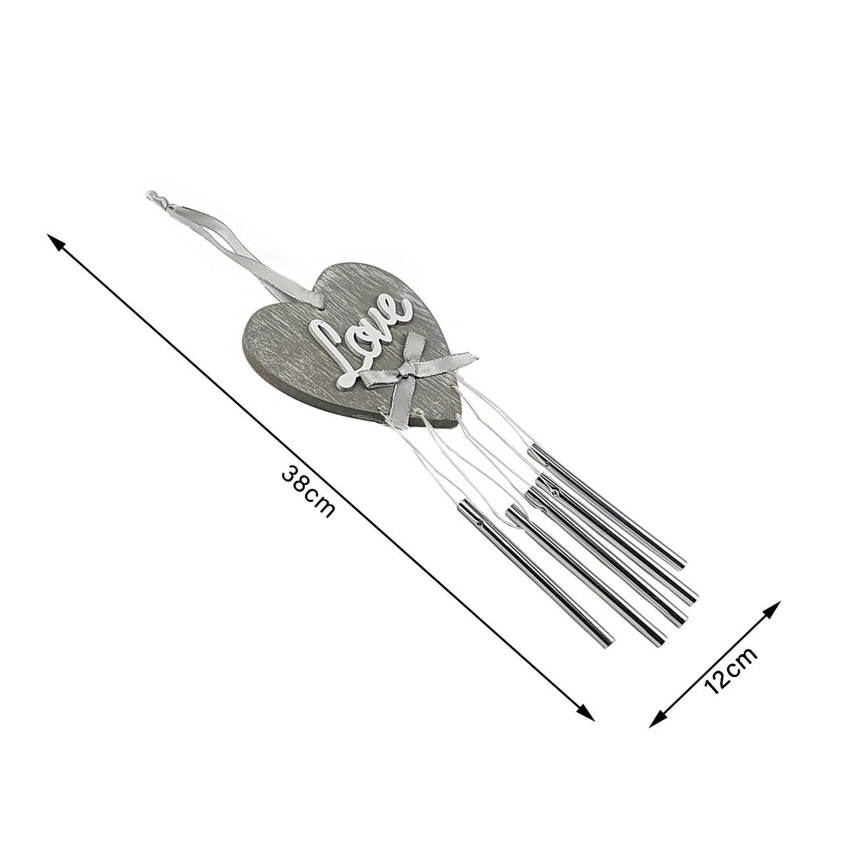 "Love" heart chime in gray and white wood and aluminum W 12 x H 38 cm