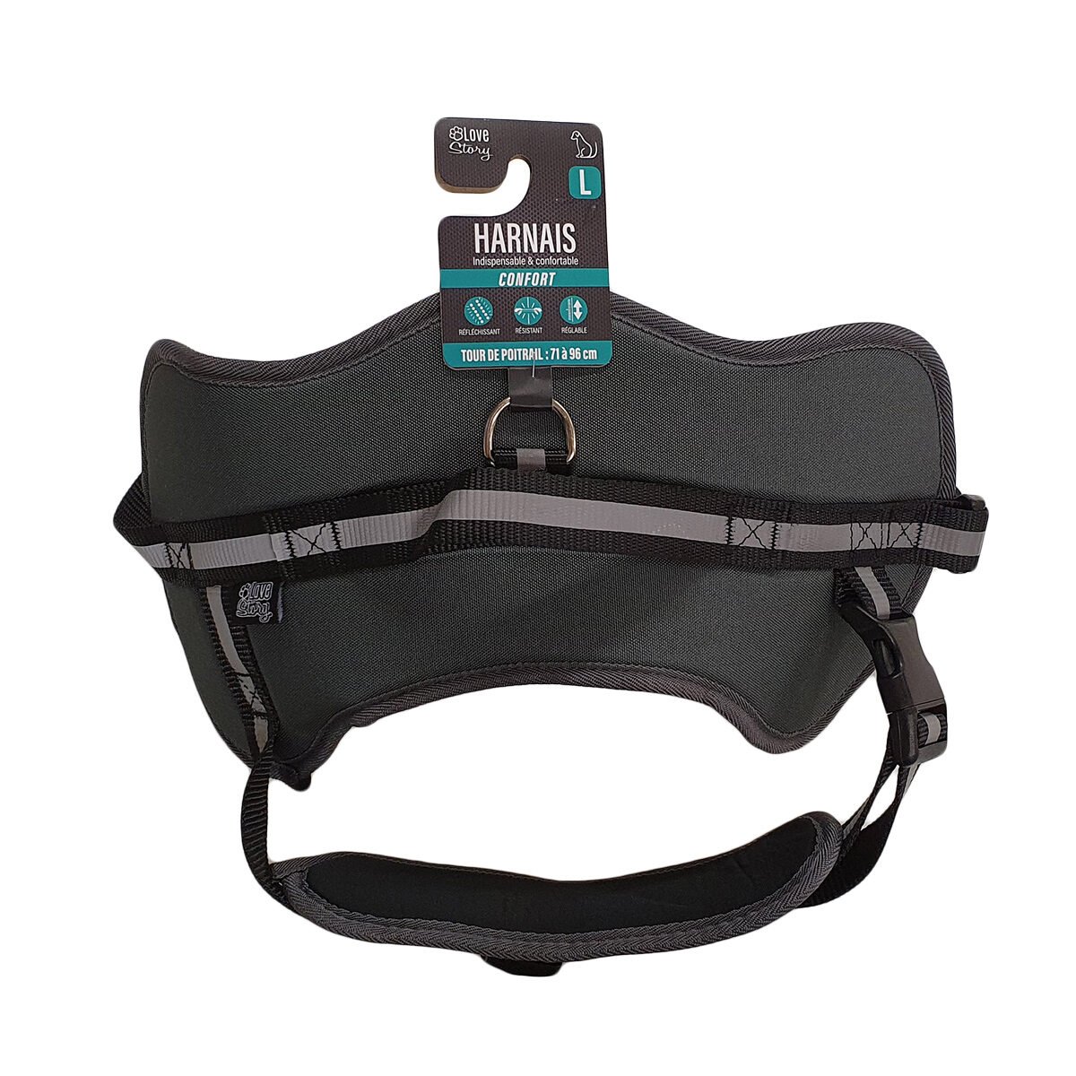 Harnais confort en nylon anthracite réglable de 71 à 96 cm de tour de poitrail avec poignée de contrôle et dispositifs réfléchissants pour chien Love Story