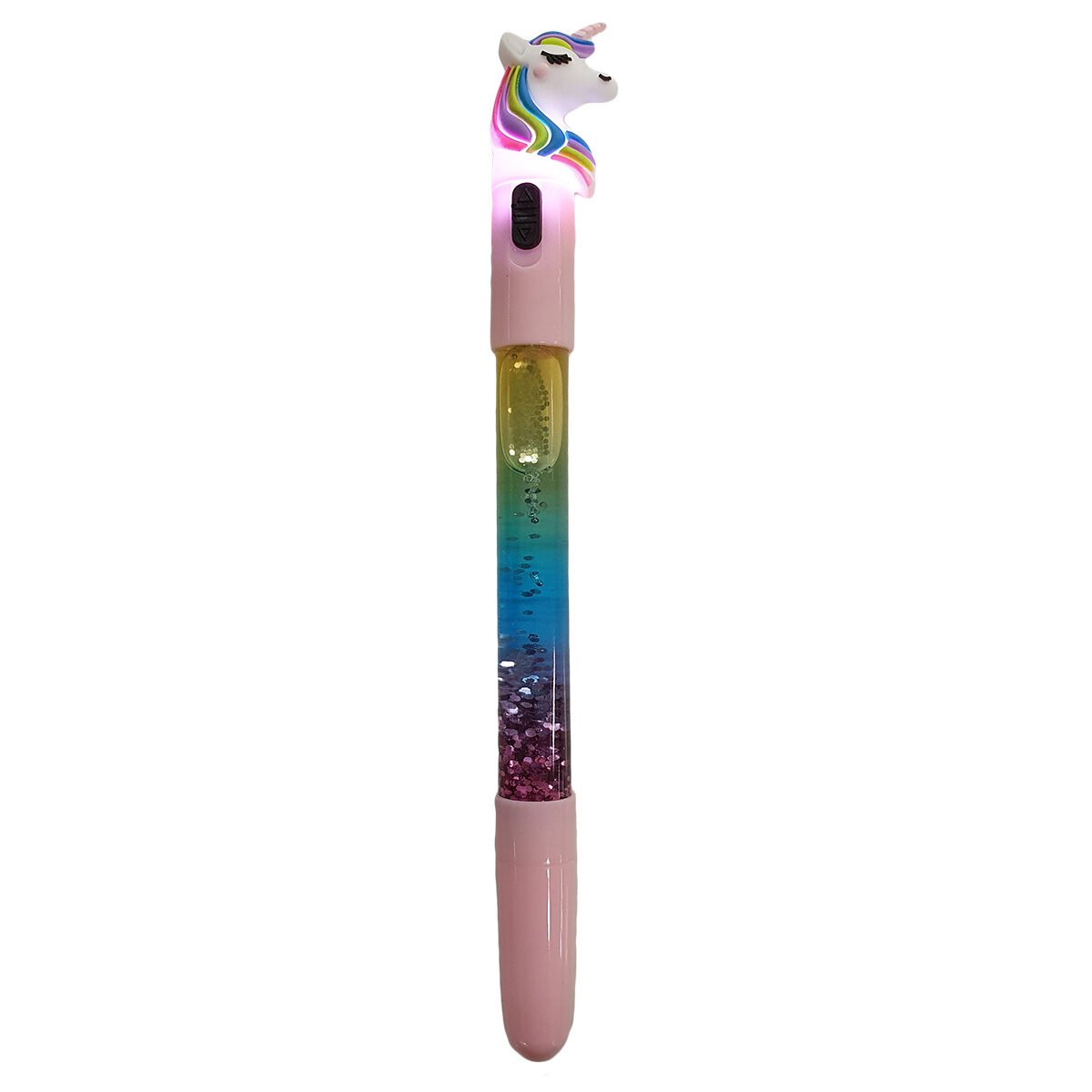 Stylo à bille en plastique à paillettes et tête de Licorne L 15 cm avec lumière LED changeante