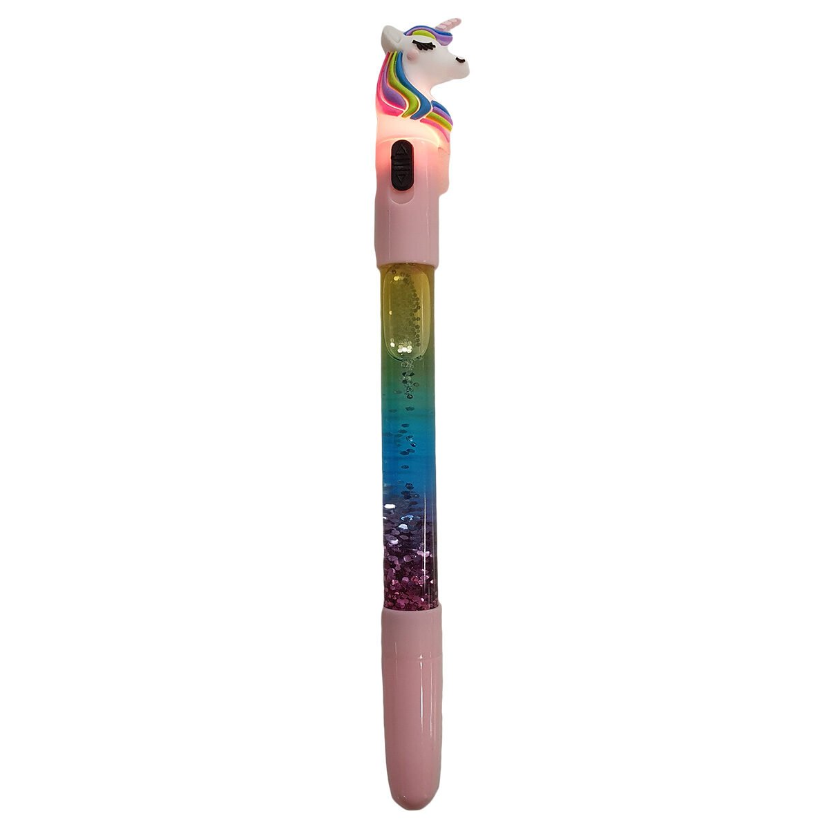 Stylo à bille en plastique à paillettes et tête de Licorne L 15 cm avec lumière LED changeante
