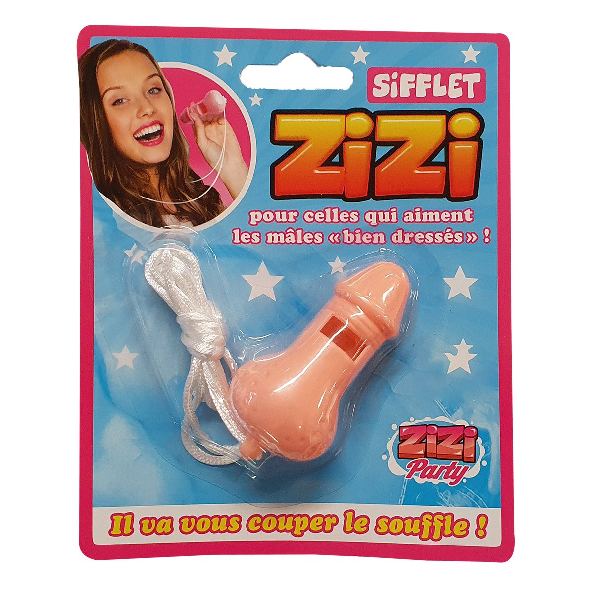 Sifflet humoristique Zizi couleur chair en plastique avec cordon