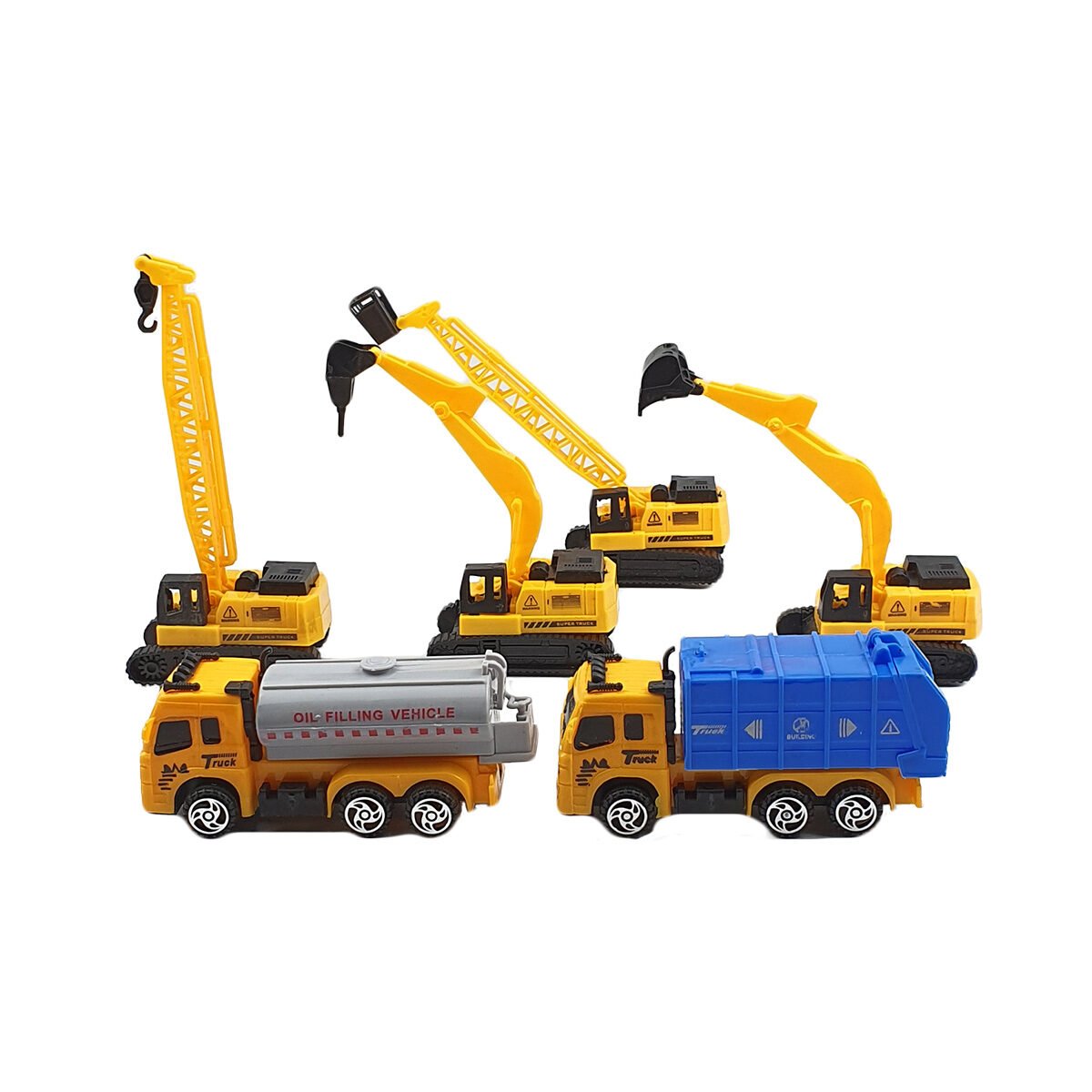 Toy set with 6 plastic construction vehicles