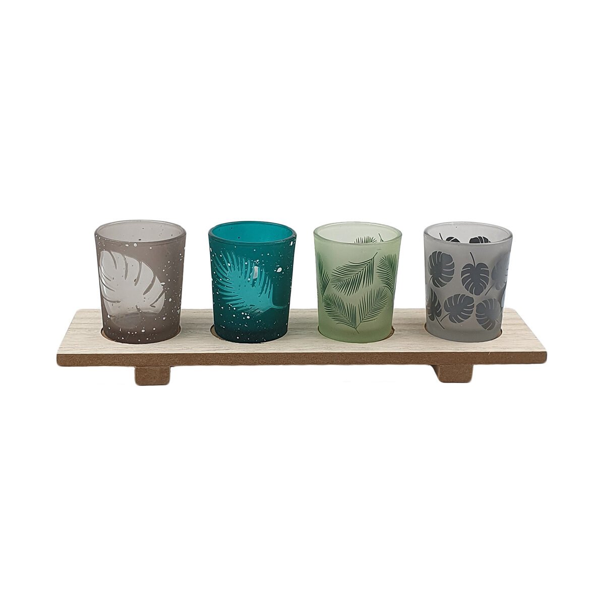 4 Tealight holders printed with tropical leaves on a rectangular tray in natural wood L 30 x W 14 cm