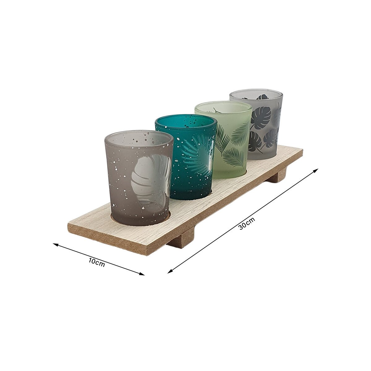 4 Tealight holders printed with tropical leaves on a rectangular tray in natural wood L 30 x W 14 cm