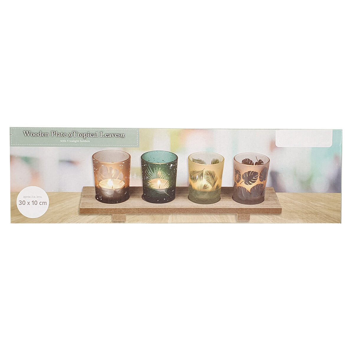 4 Tealight holders printed with tropical leaves on a rectangular tray in natural wood L 30 x W 14 cm