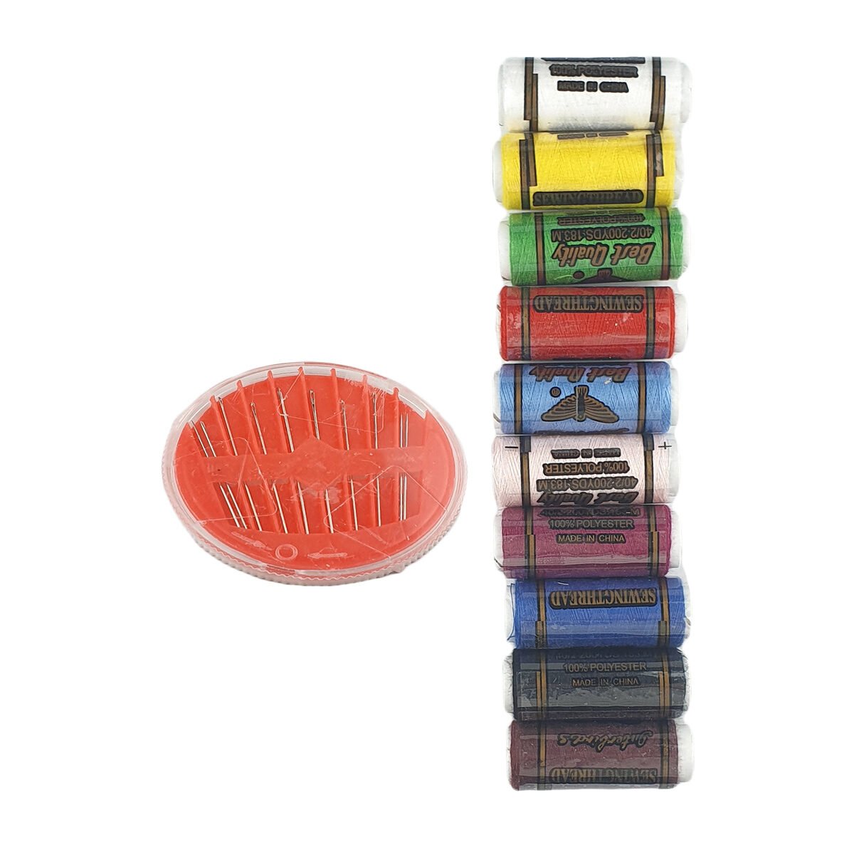 Lot of 10 spools of polyester thread L 183 m in different colors + 10 needles in different sizes in 1 dispenser