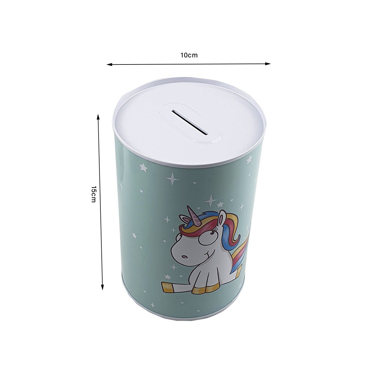 Tirelire boîte en métal cylindrique Licorne D 10 x H 15 cm sans couvercle