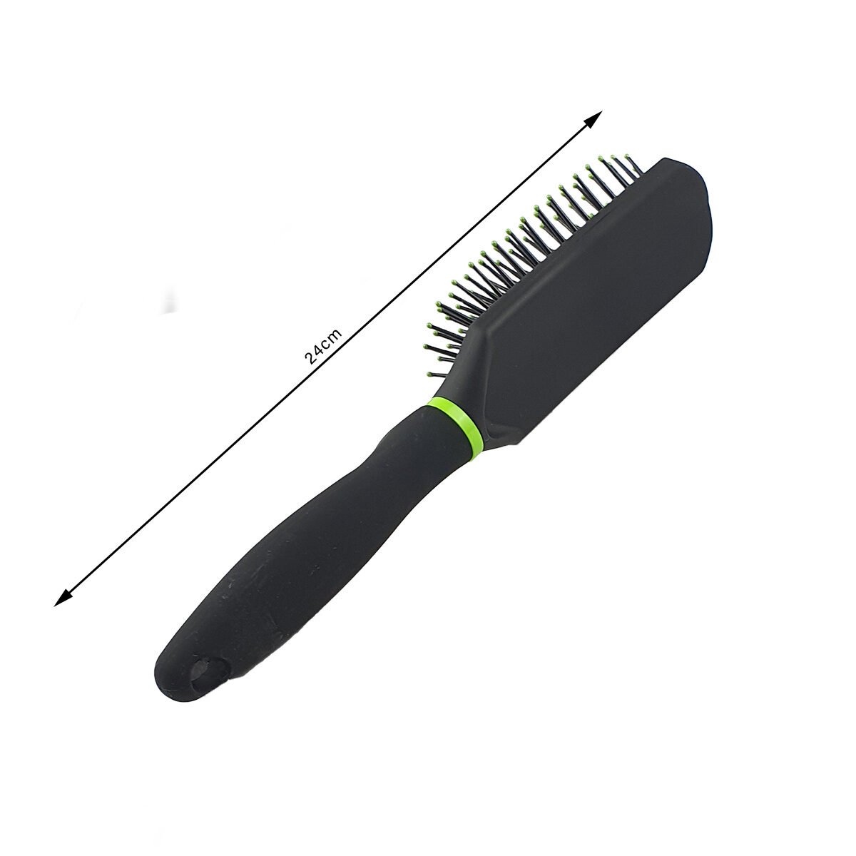 Hairbrush with spikes in ball finish on an air cushion L 24 cm in matt black plastic with shiny colored parts