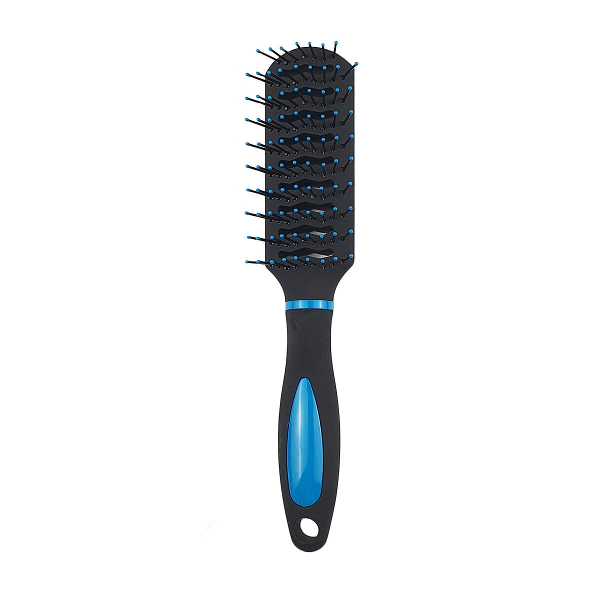 Hairbrush with spikes in ball finish L 24 cm in matt black plastic with shiny colored parts