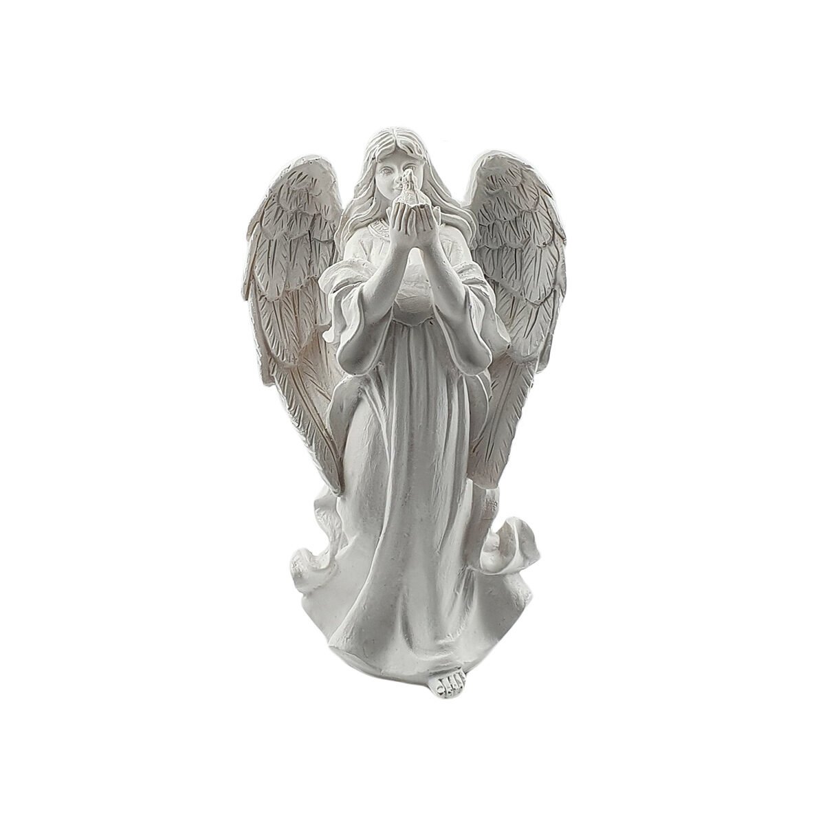 Statuette Standing angel brandishing a bird in his hands in white polyresin W 9 x H 20 cm