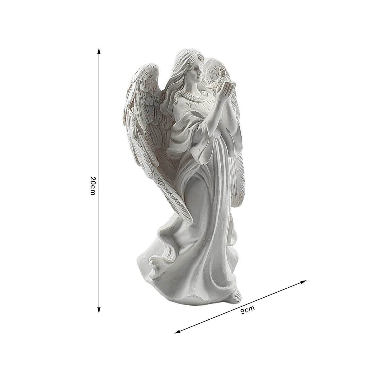 Statuette Standing angel brandishing a bird in his hands in white polyresin W 9 x H 20 cm
