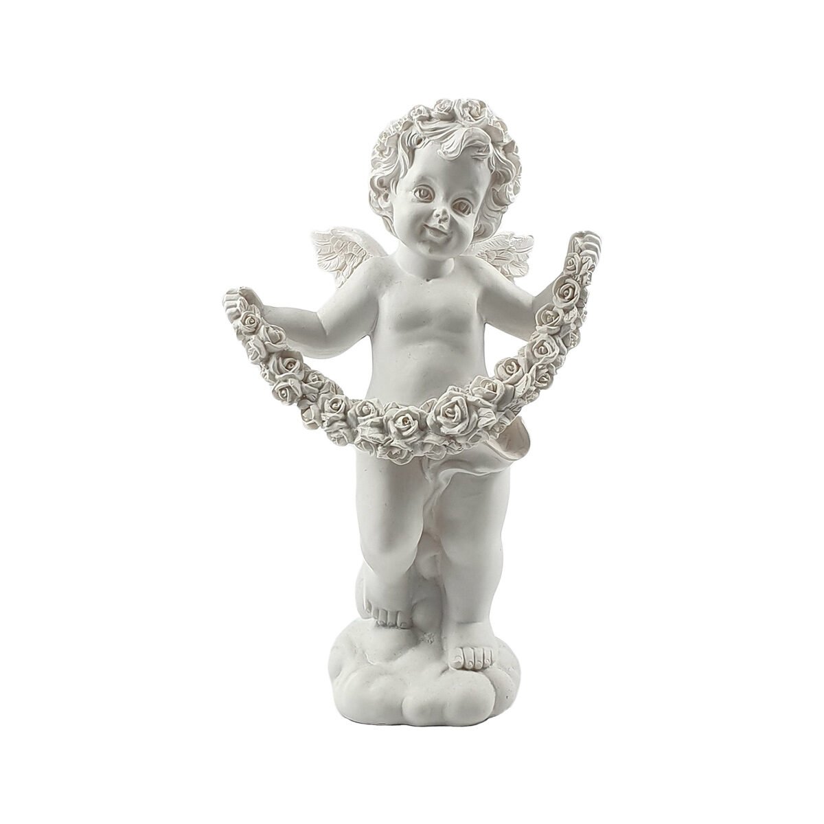 Statue Ange debout sur 1 nuage tenant 1 collier de fleurs dans ses mains en polyrésine blanche l 12 x P 8 x H 22 cm