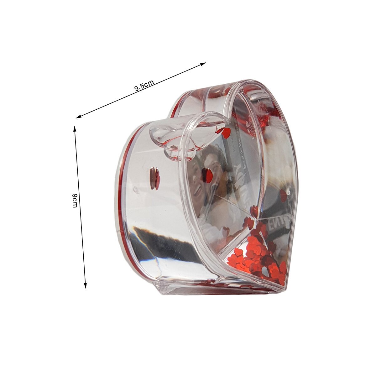 Boule de neige Cœur et porte-photo en acrylique l 9.5 x H 9.0 cm avec des paillettes en cœur rouge