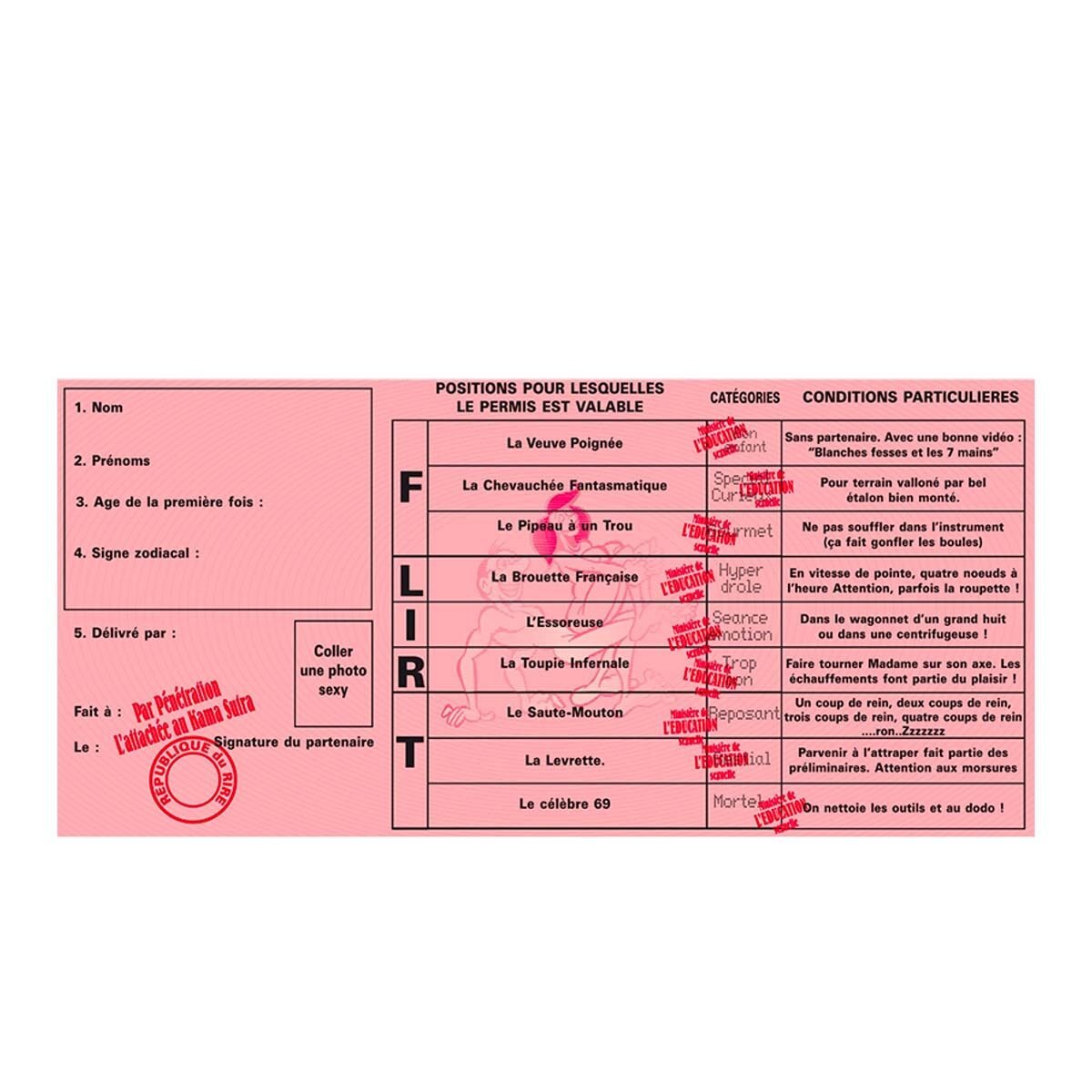 Humorous GM license "Kissing license" in pink cardboard W 44.0 x H 20.5 cm unfolded