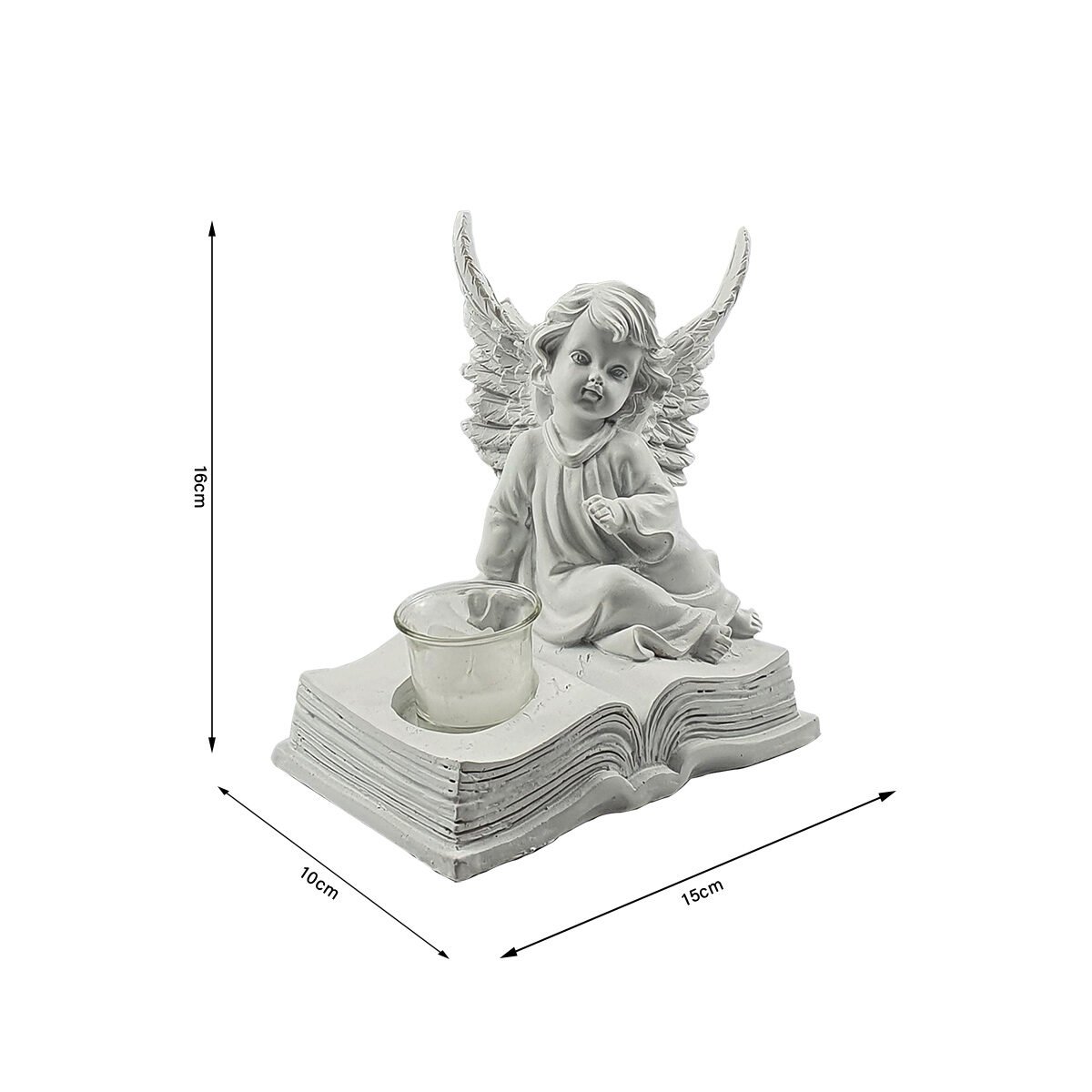 Statuette Ange assis sur 1 livre en polyrésine blanche l 15 x P 10 x H 16 cm avec 1 bougie