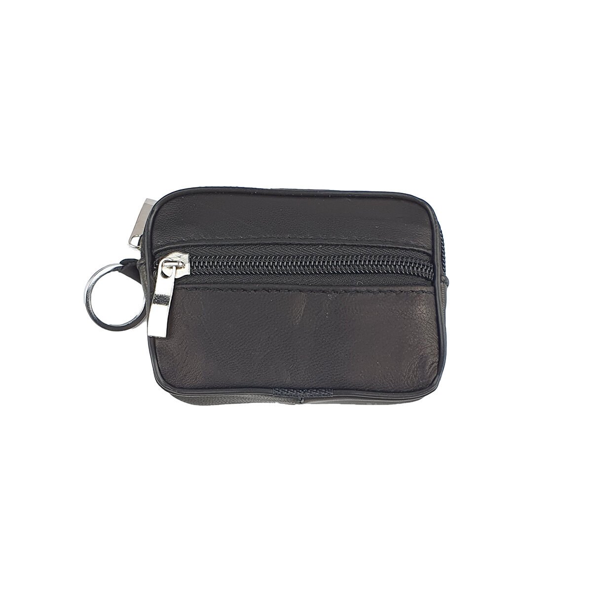 Porte-monnaie en cuir d'agneau noir L 10.5 x l 2.0 x H 8.0 cm avec 2 poches et 1 anneau à clés