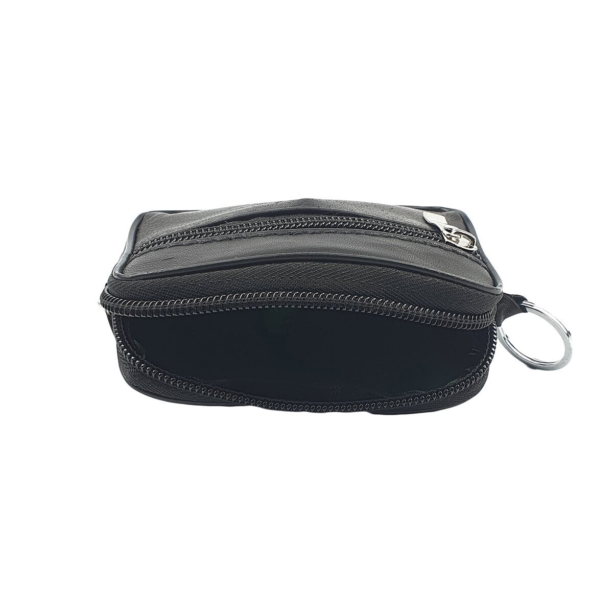 Porte-monnaie en cuir d'agneau noir L 10.5 x l 2.0 x H 8.0 cm avec 2 poches et 1 anneau à clés