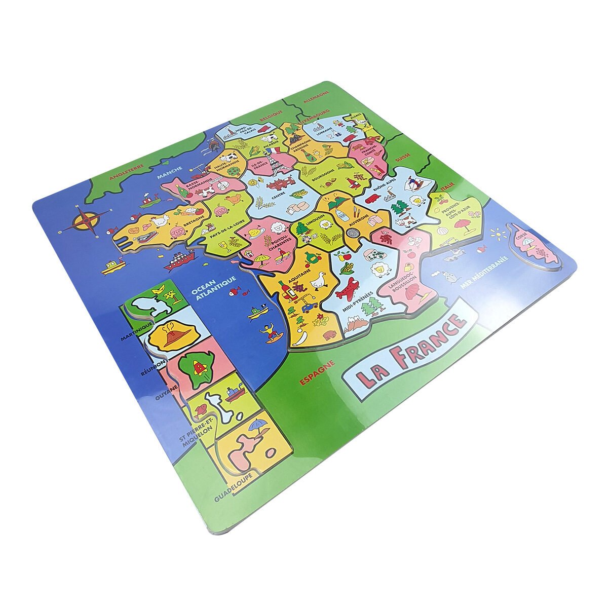 Puzzle map of France in wood GM L 40 x W 40 cm with the former regions colored and imaged by regional specificities