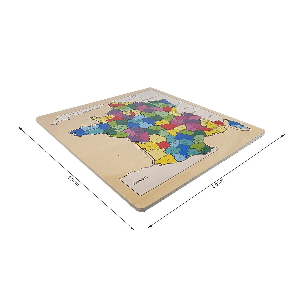 Puzzle carte de France en bois L 30 x l 30 cm avec les départements colorés et leur numéro.