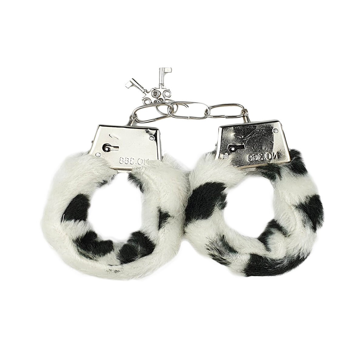 Metal handcuffs with black and white synthetic fur sold with 2 keys
