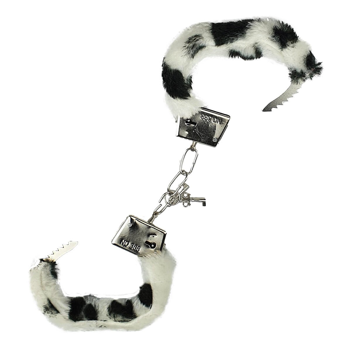 Metal handcuffs with black and white synthetic fur sold with 2 keys