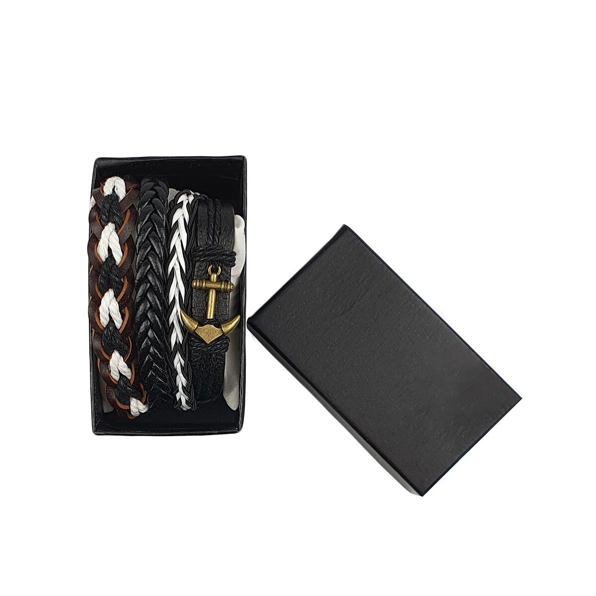 Set of 2 men's bracelets in faux leather and metal with adjustable string closure