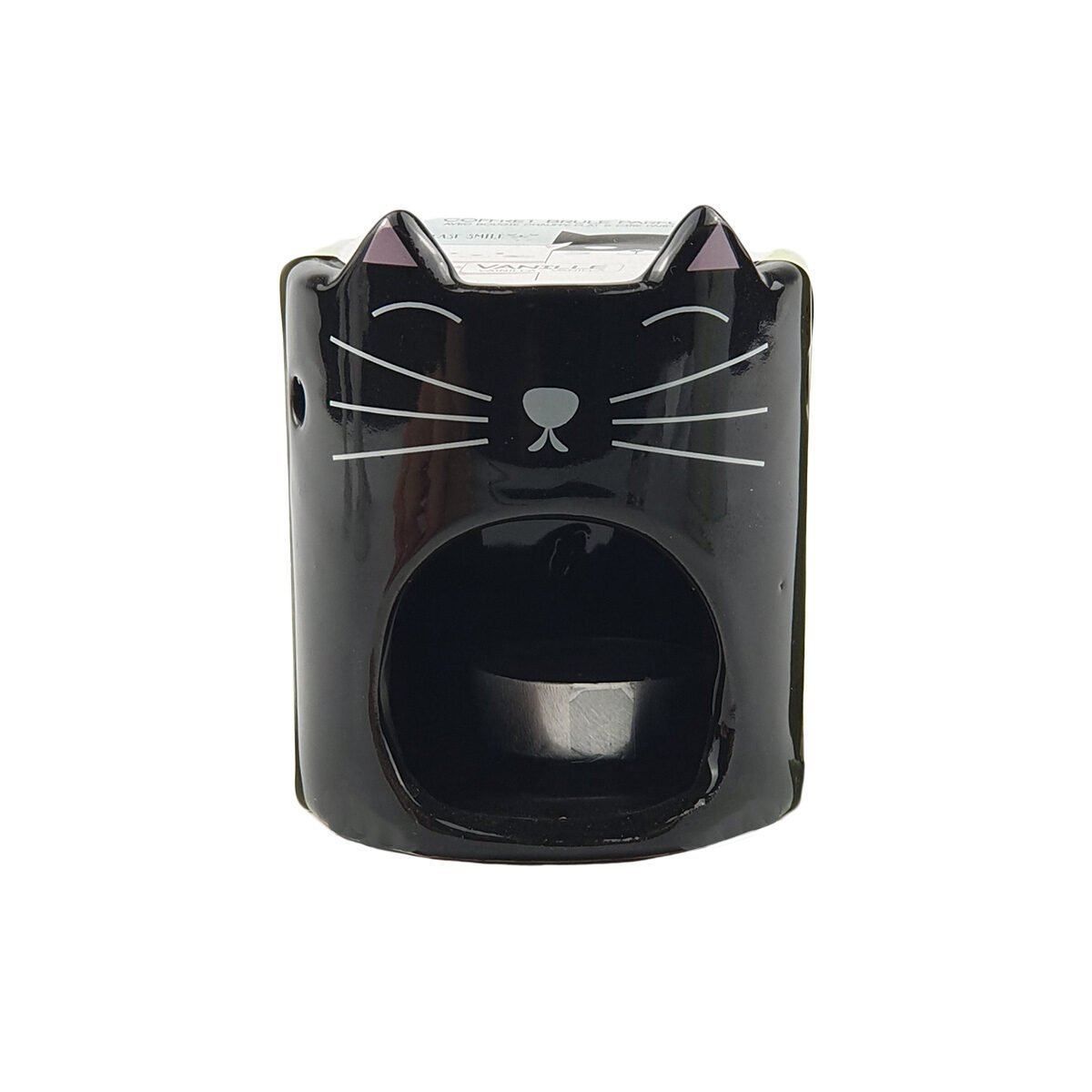 Brûle-parfum Tête de chat en céramique D 8 x H 11 cm avec 1 cire à fondre parfum vanille et 1 bougie chauffe-plat