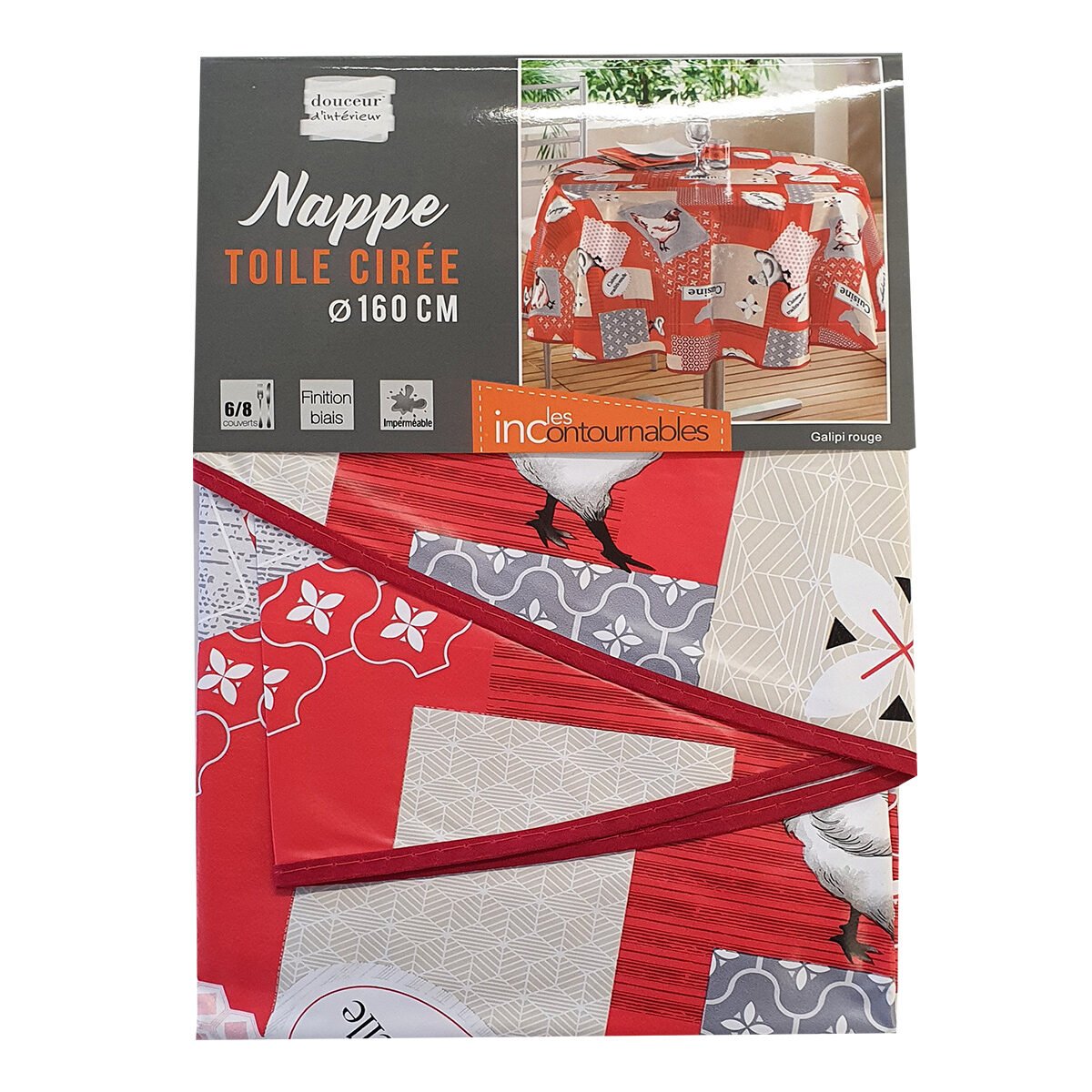 Round tablecloth in waxed canvas/PVC printed Galopi red D 160 cm with bias finish Douceur d'intérieur
