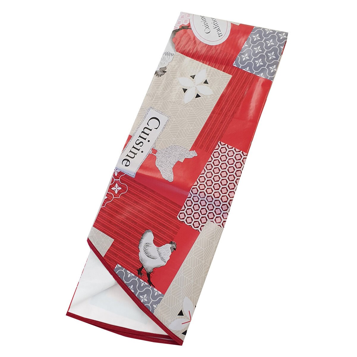 Round tablecloth in waxed canvas/PVC printed Galopi red D 160 cm with bias finish Douceur d'intérieur