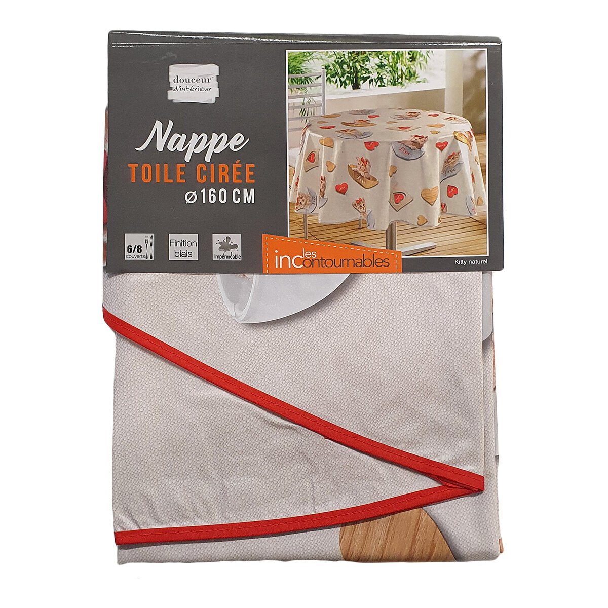 Round tablecloth in oilcloth/PVC printed Natural Kitty D 160 cm with bias finish Douceur d'intérieur