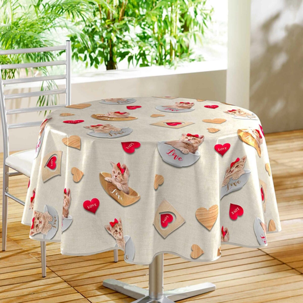Round tablecloth in oilcloth/PVC printed Natural Kitty D 160 cm with bias finish Douceur d'intérieur