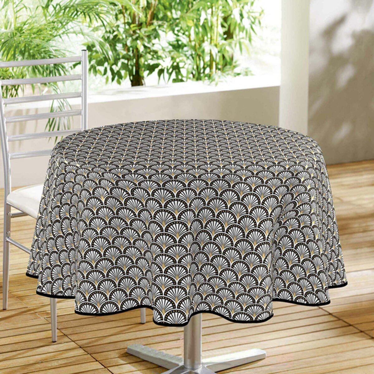 Round tablecloth in oilcloth/PVC printed Archibald black/ocher D 160 cm with bias finish Douceur d'intérieur
