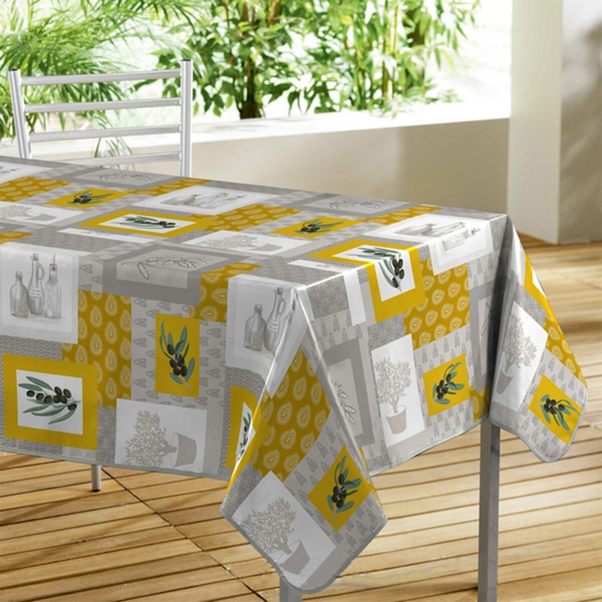 Nappe rectangulaire en toile cirée/PVC imprimée Graziella jaune L 240 x l 140 cm avec finition biais Douceur d'intérieur