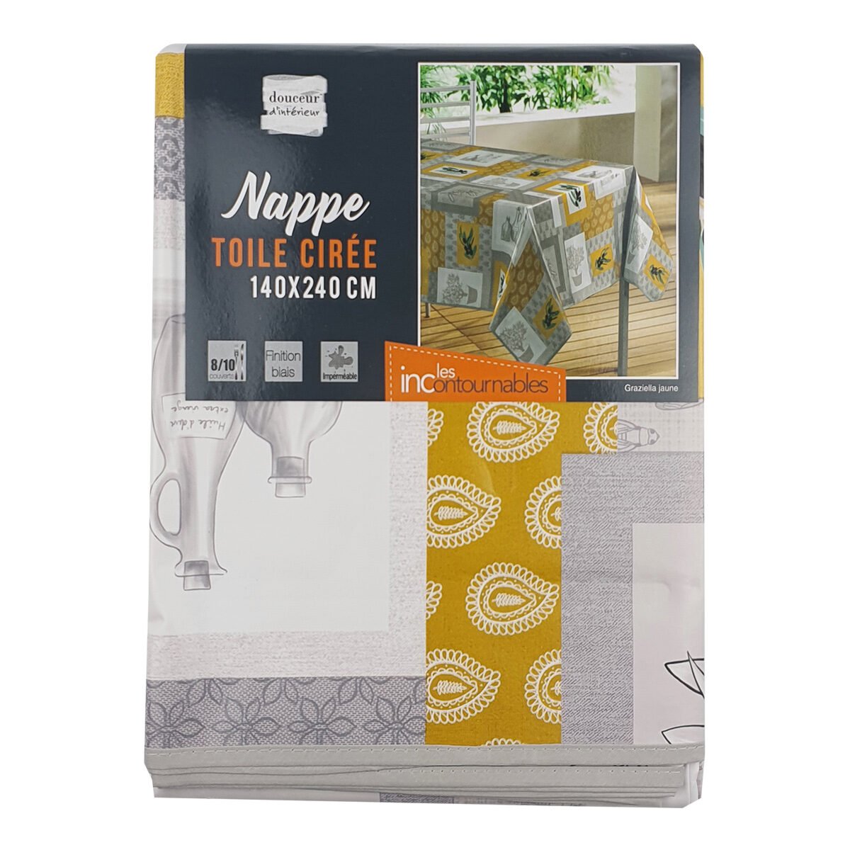 Nappe rectangulaire en toile cirée/PVC imprimée Graziella jaune L 240 x l 140 cm avec finition biais Douceur d'intérieur
