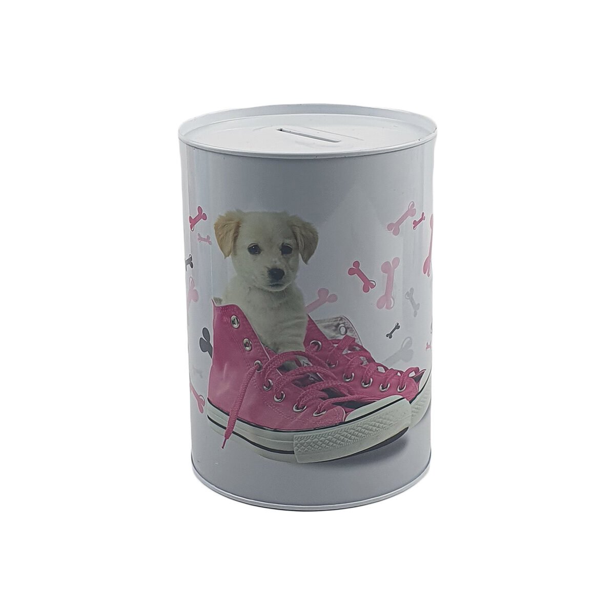 Tirelire boîte en métal cylindrique Chiens D 10 x H 15 cm sans couvercle