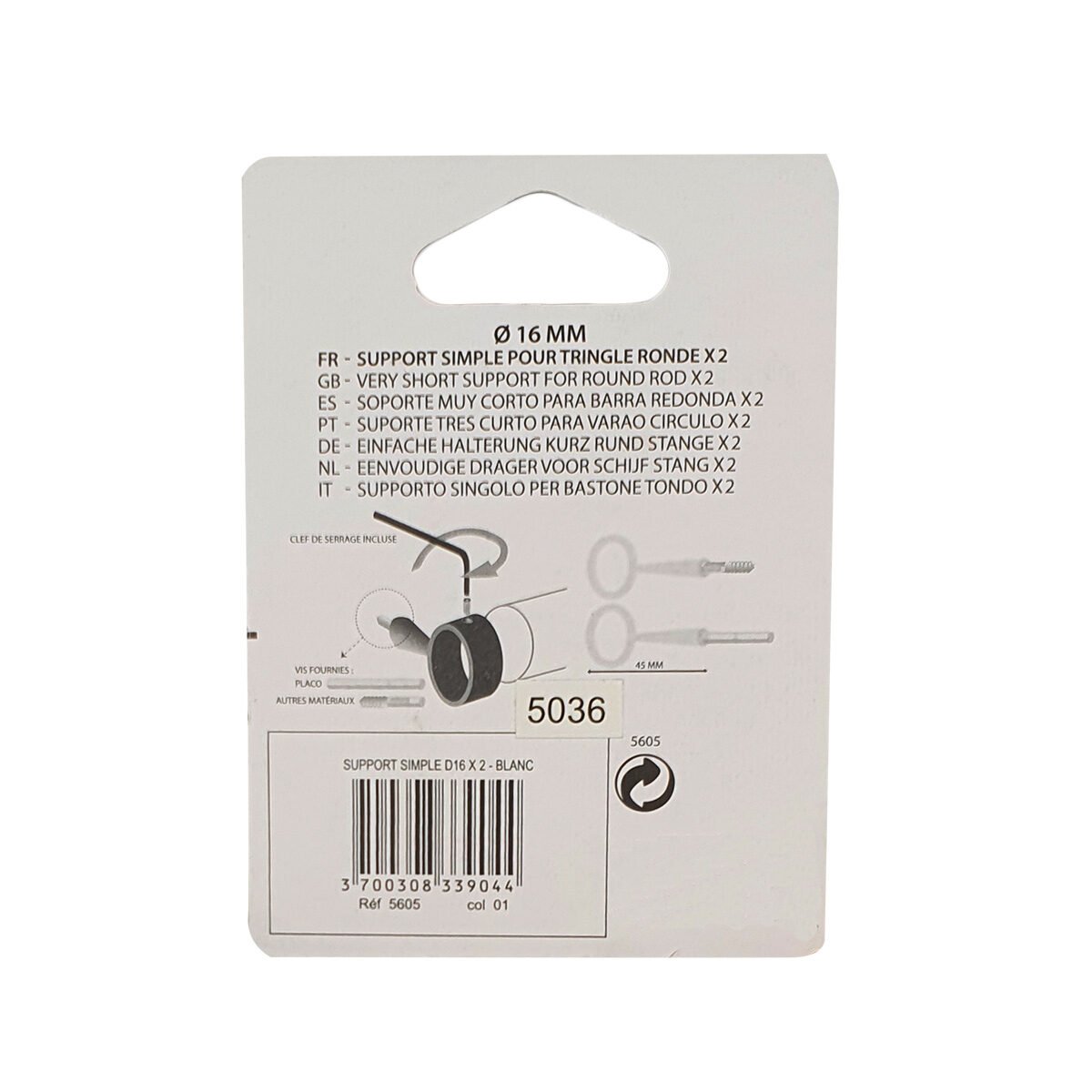 Set of 2 white metal brackets L 45 mm for bar D 16 mm Luance