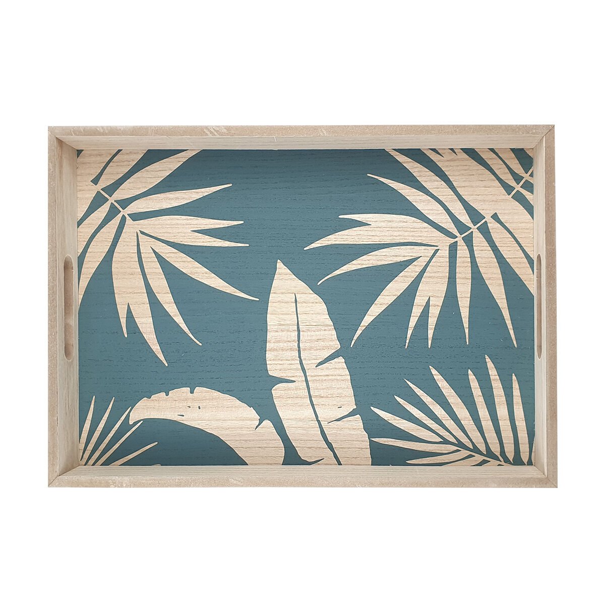 Dark blue ferns wooden tray L 40 x W 29 x H 5 cm with edges and handles